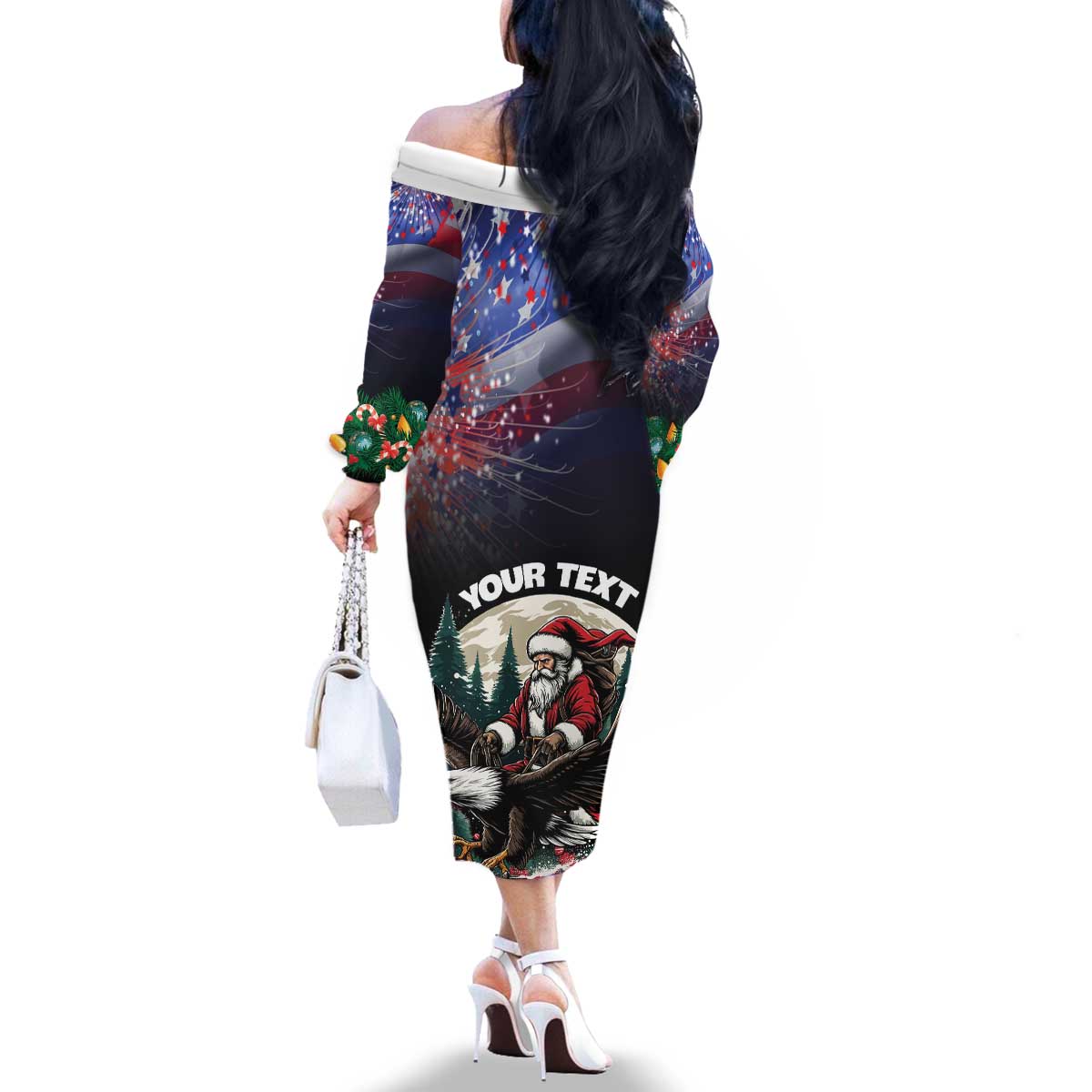 Personalized USA Christmas Family Matching Off The Shoulder Long Sleeve Dress and Hawaiian Shirt Santa Claus With Eagle - Wonder Print Shop