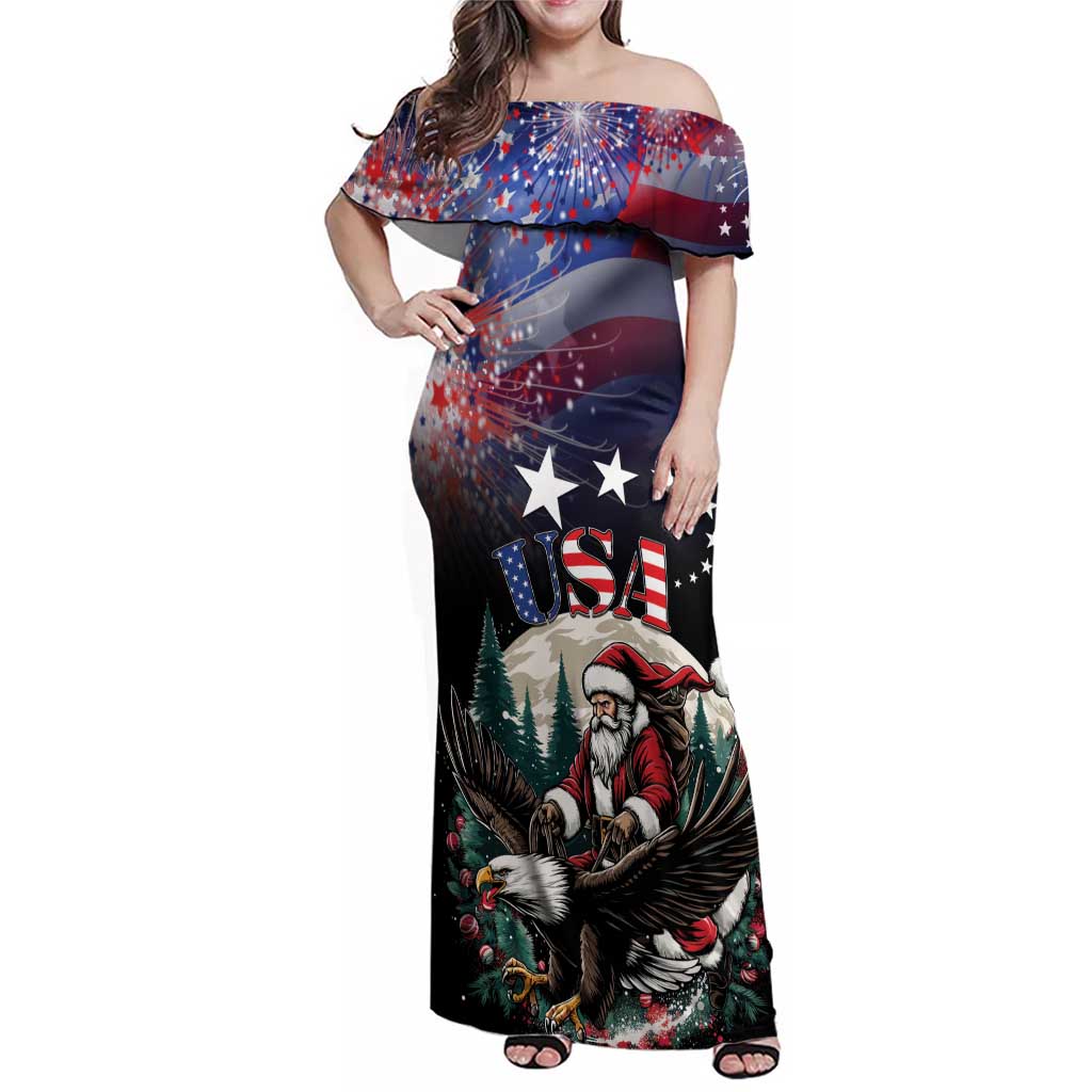 Personalized USA Christmas Family Matching Off Shoulder Maxi Dress and Hawaiian Shirt Santa Claus With Eagle - Wonder Print Shop
