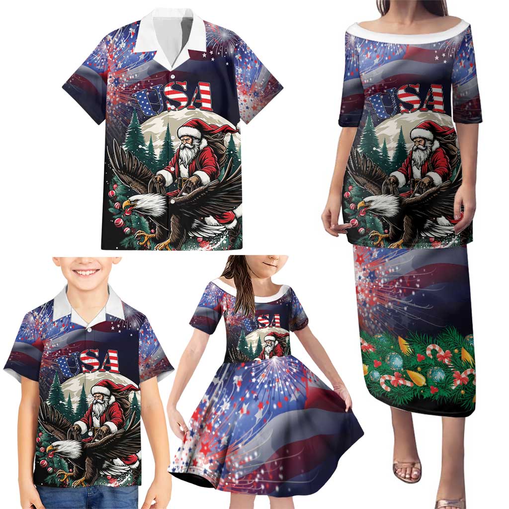 Personalized USA Christmas Family Matching Puletasi and Hawaiian Shirt Santa Claus With Eagle - Wonder Print Shop