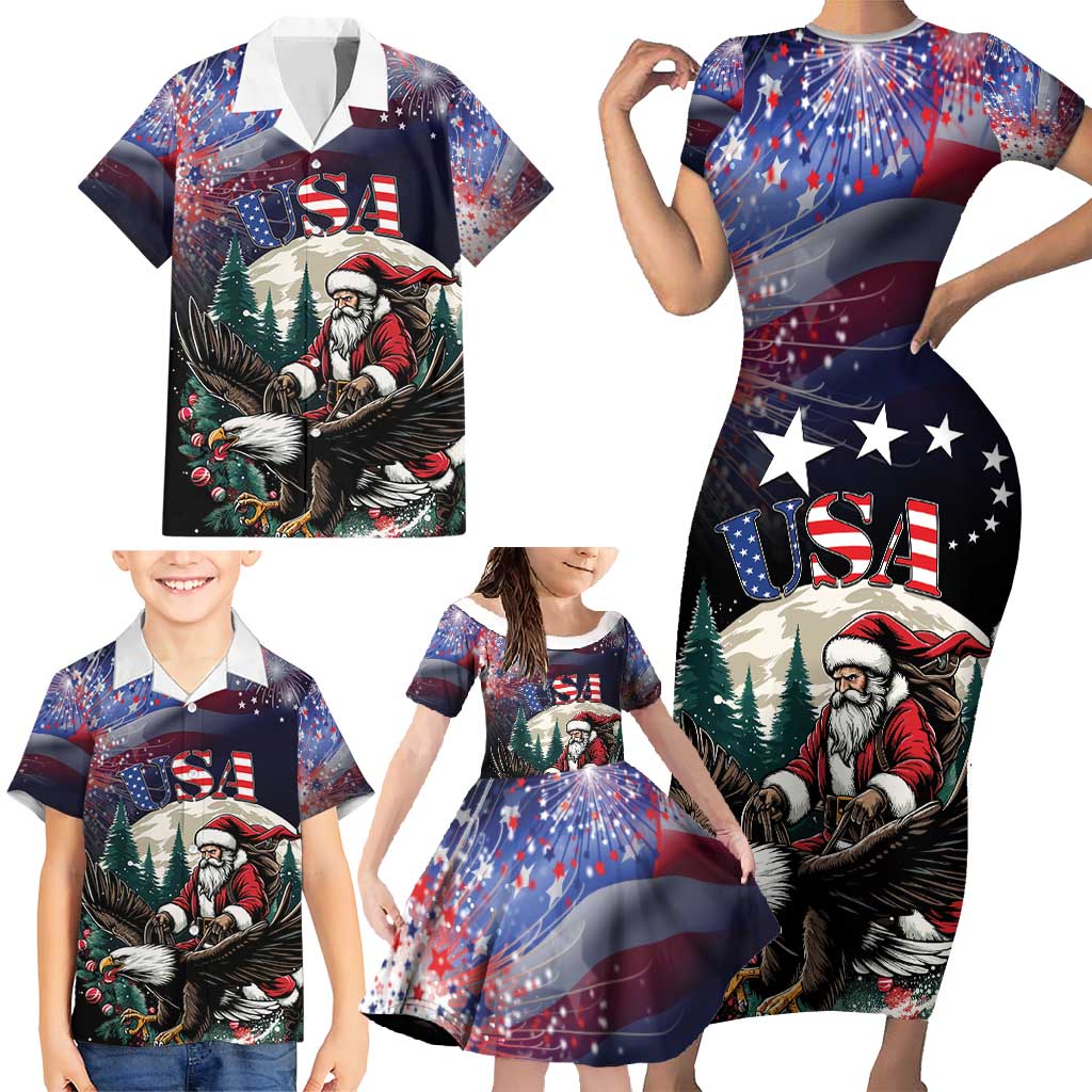 Personalized USA Christmas Family Matching Short Sleeve Bodycon Dress and Hawaiian Shirt Santa Claus With Eagle - Wonder Print Shop