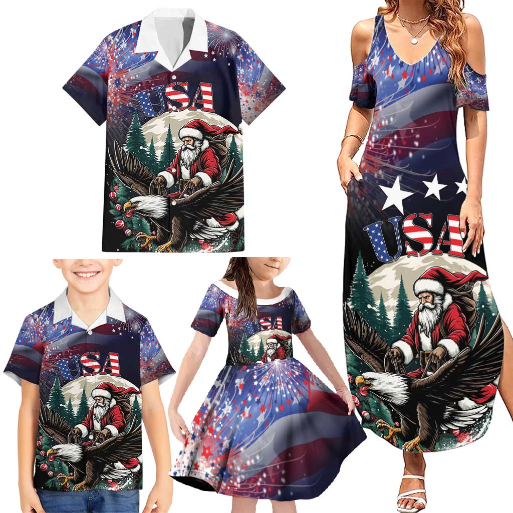 Personalized USA Christmas Family Matching Summer Maxi Dress and Hawaiian Shirt Santa Claus With Eagle - Wonder Print Shop