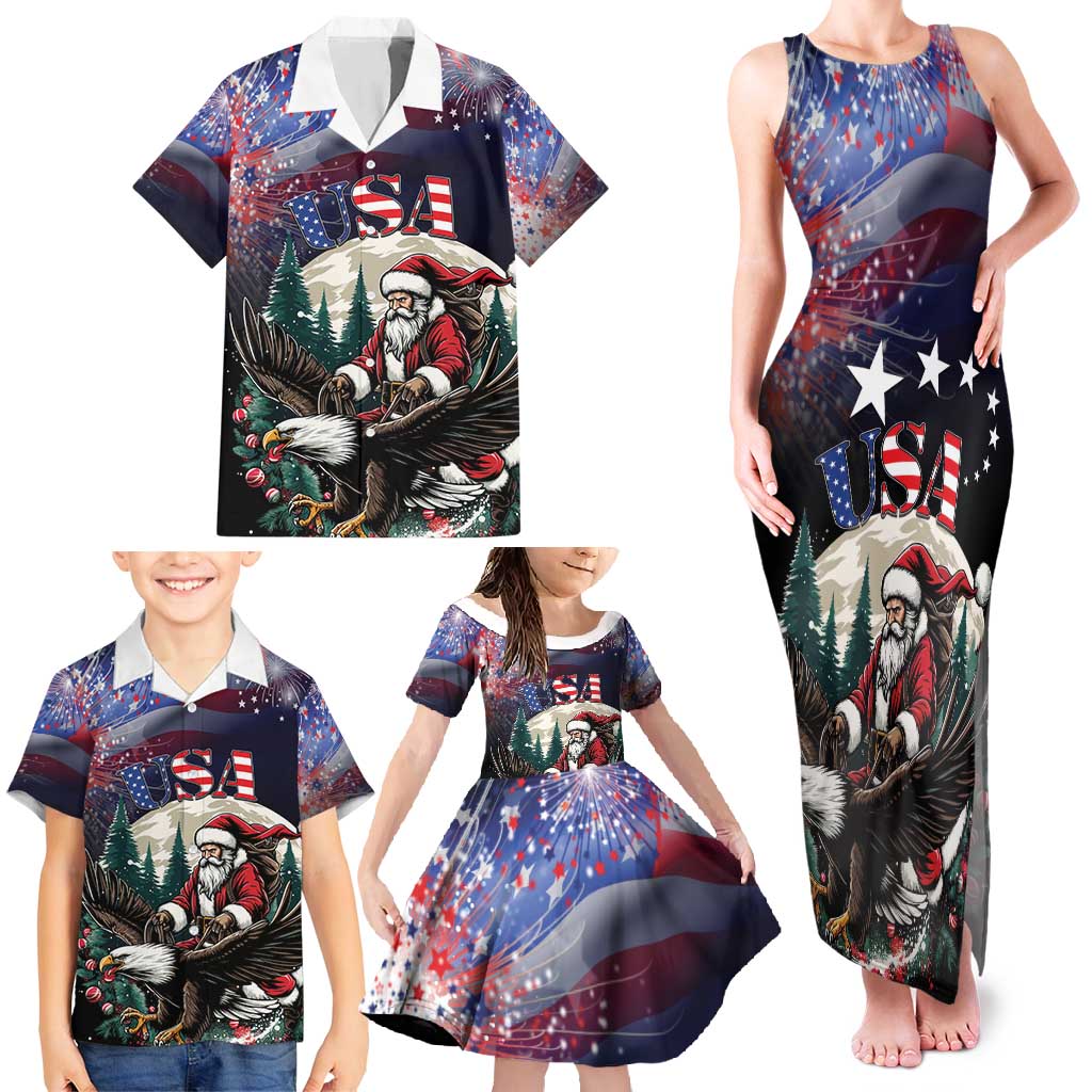 Personalized USA Christmas Family Matching Tank Maxi Dress and Hawaiian Shirt Santa Claus With Eagle - Wonder Print Shop