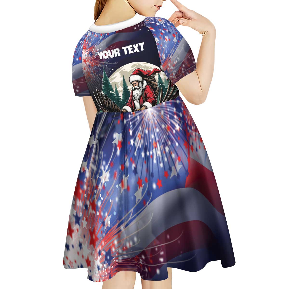 Personalized USA Christmas Kid Short Sleeve Dress Santa Claus With Eagle - Wonder Print Shop