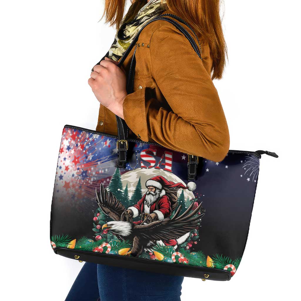 USA Christmas Leather Tote Bag Santa Claus With Eagle - Wonder Print Shop
