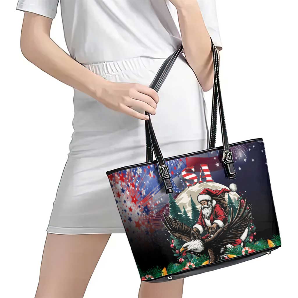 USA Christmas Leather Tote Bag Santa Claus With Eagle - Wonder Print Shop