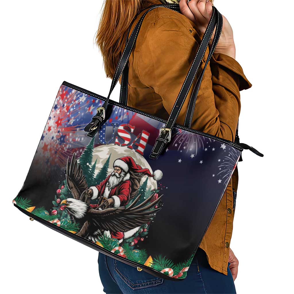 USA Christmas Leather Tote Bag Santa Claus With Eagle - Wonder Print Shop