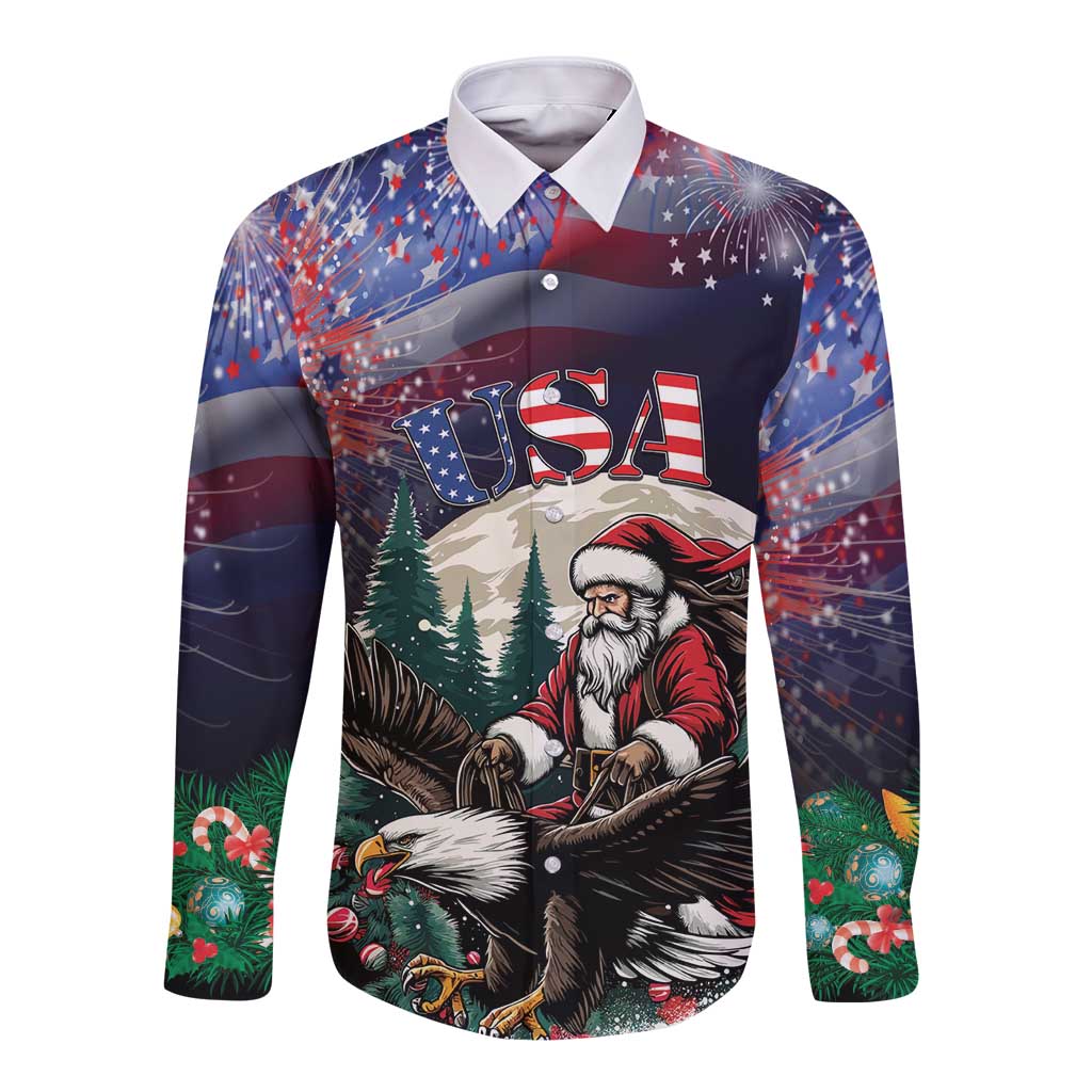 Personalized USA Christmas Long Sleeve Button Shirt Santa Claus With Eagle - Wonder Print Shop