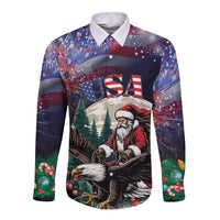 Personalized USA Christmas Long Sleeve Button Shirt Santa Claus With Eagle - Wonder Print Shop