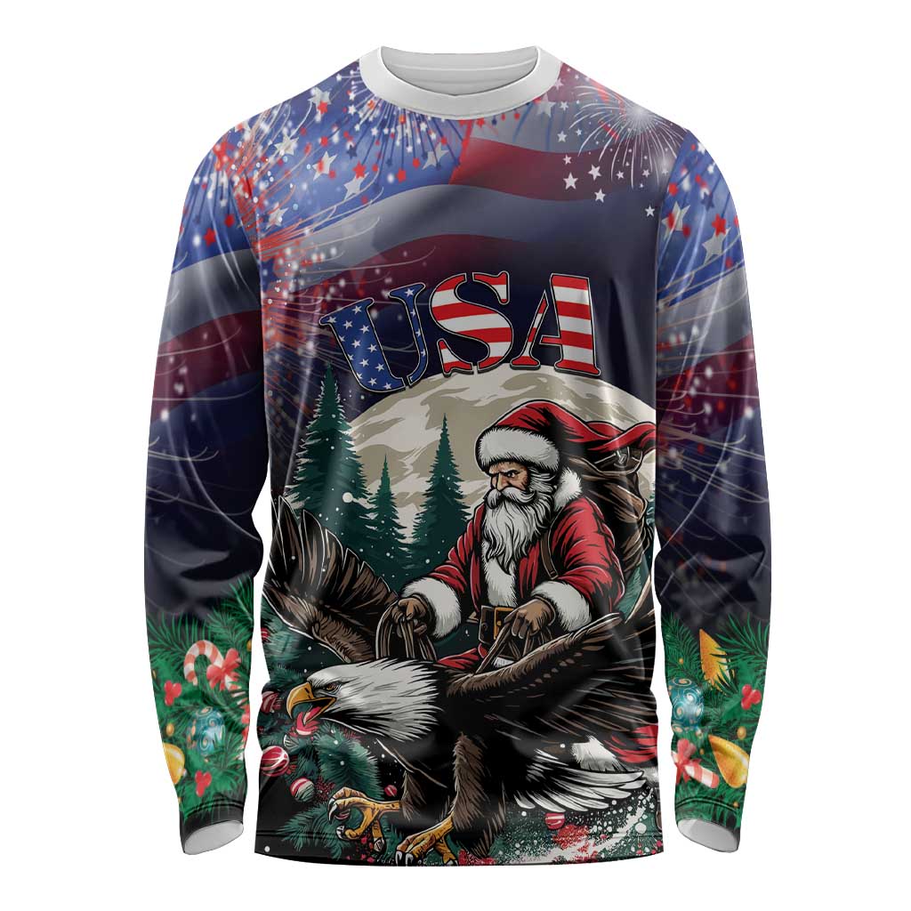 Personalized USA Christmas Long Sleeve Shirt Santa Claus With Eagle - Wonder Print Shop