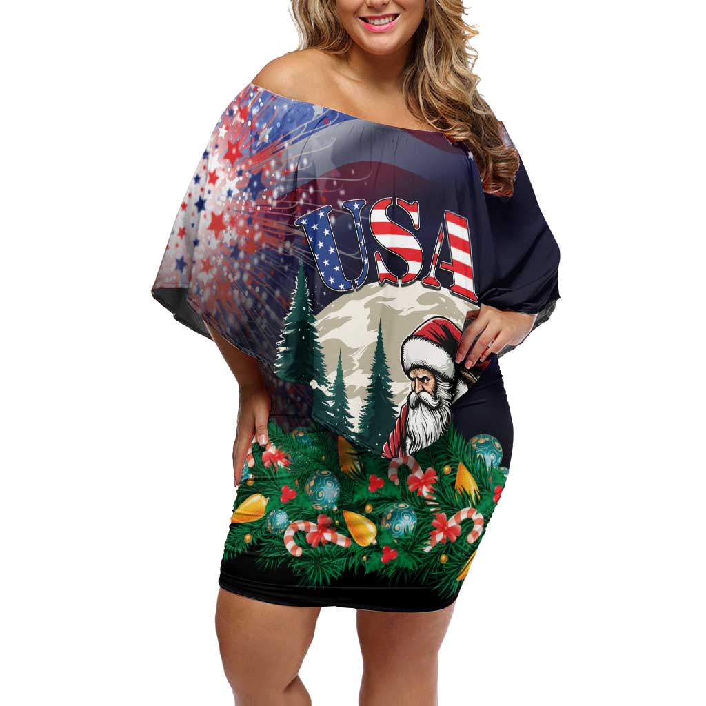 Personalized USA Christmas Off Shoulder Short Dress Santa Claus With Eagle - Wonder Print Shop