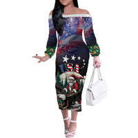 Personalized USA Christmas Off The Shoulder Long Sleeve Dress Santa Claus With Eagle - Wonder Print Shop