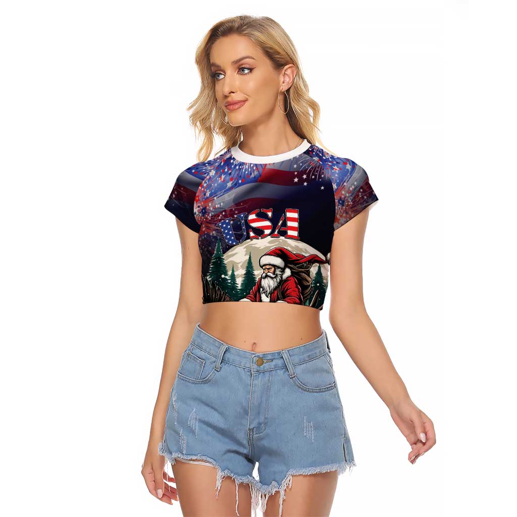 Personalized USA Christmas Raglan Cropped T Shirt Santa Claus With Eagle - Wonder Print Shop