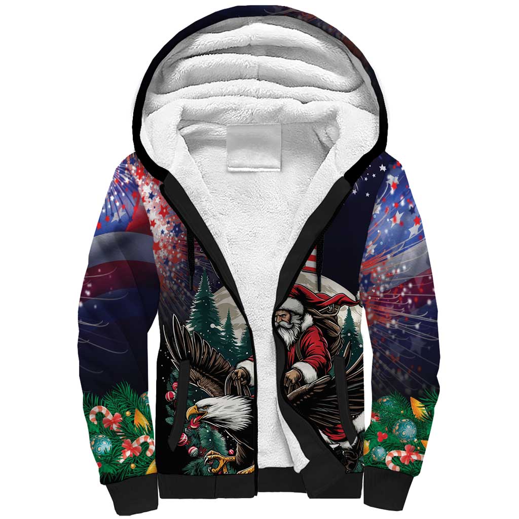 Personalized USA Christmas Sherpa Hoodie Santa Claus With Eagle - Wonder Print Shop