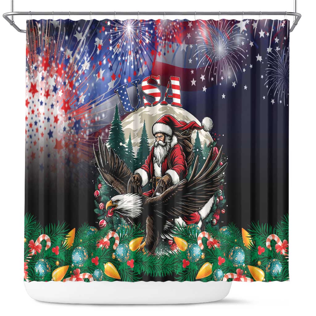 USA Christmas Shower Curtain Santa Claus With Eagle