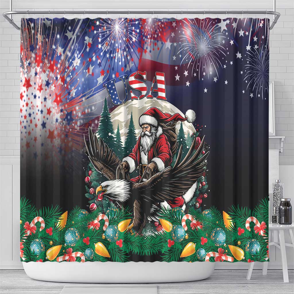 USA Christmas Shower Curtain Santa Claus With Eagle