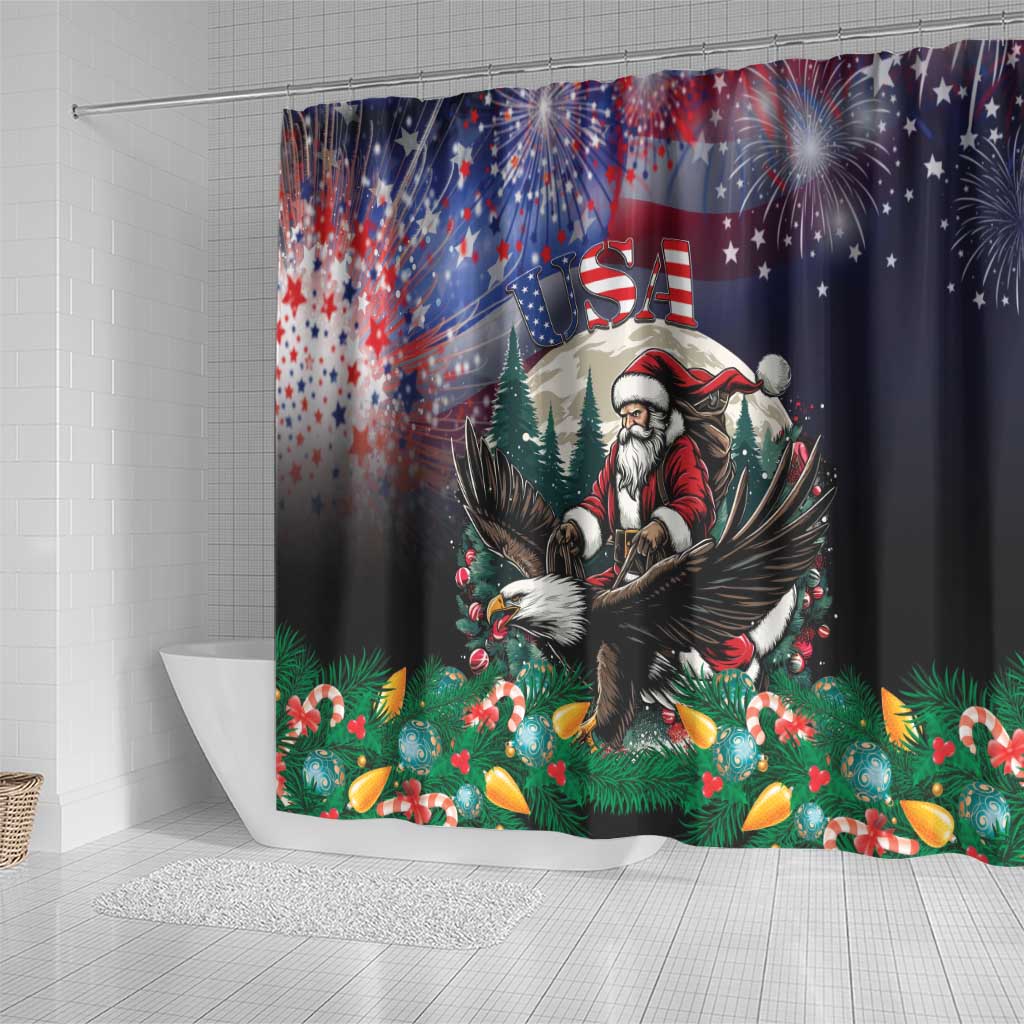 USA Christmas Shower Curtain Santa Claus With Eagle
