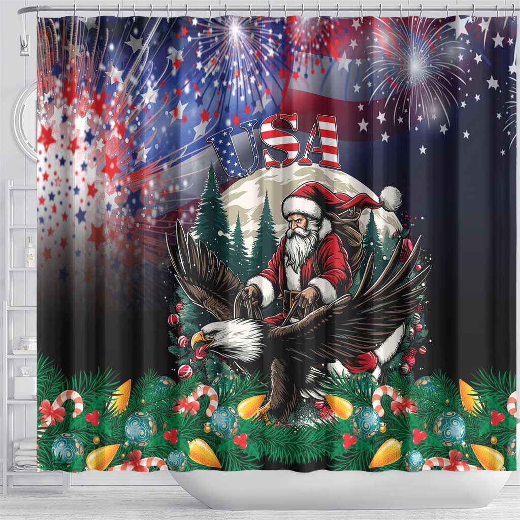 USA Christmas Shower Curtain Santa Claus With Eagle