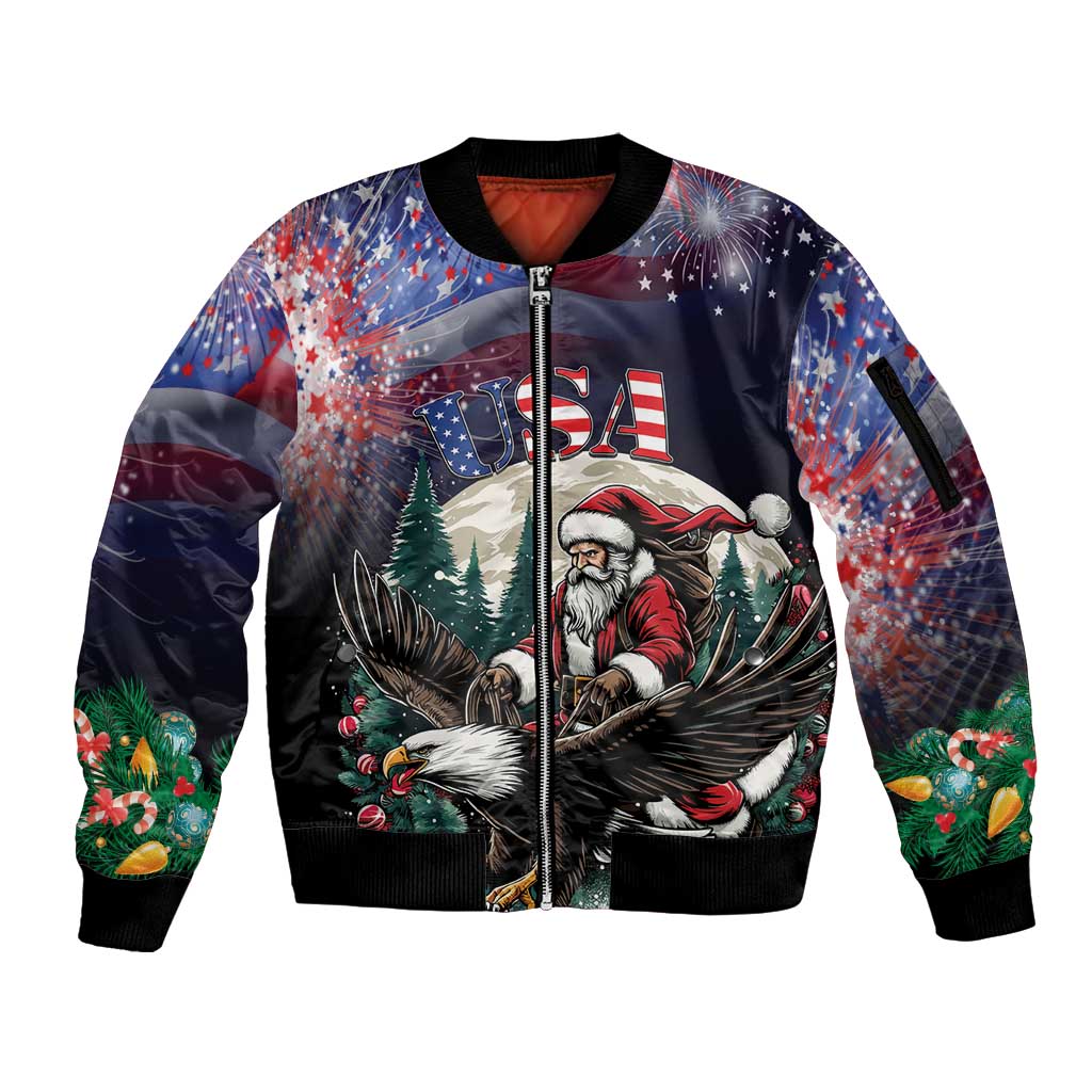 Personalized USA Christmas Sleeve Zip Bomber Jacket Santa Claus With Eagle - Wonder Print Shop