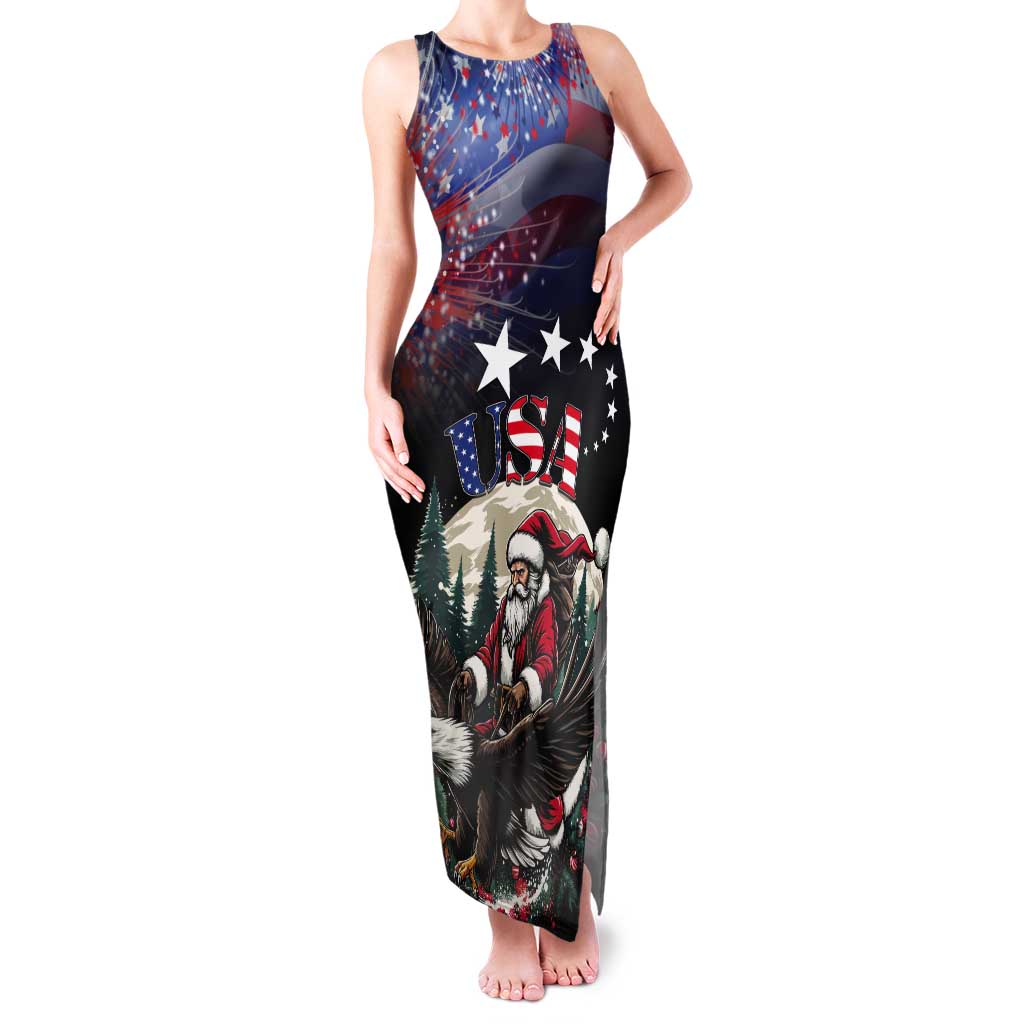 Personalized USA Christmas Tank Maxi Dress Santa Claus With Eagle - Wonder Print Shop