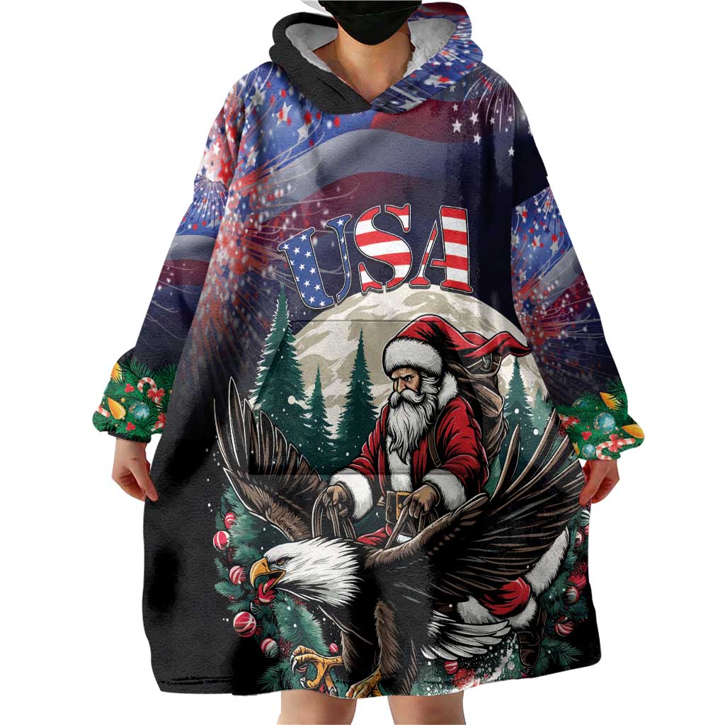 Personalized USA Christmas Wearable Blanket Hoodie Santa Claus With Eagle - Wonder Print Shop