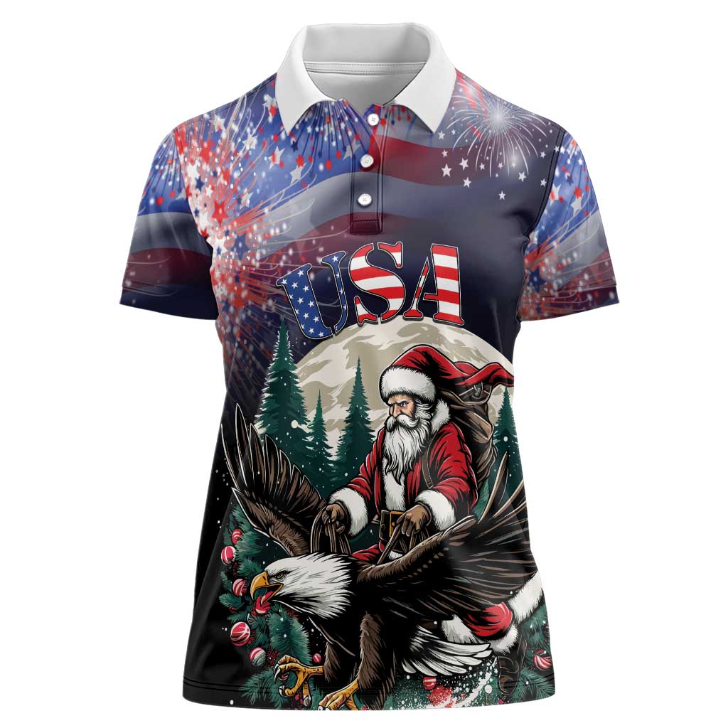 Personalized USA Christmas Women Polo Shirt Santa Claus With Eagle - Wonder Print Shop