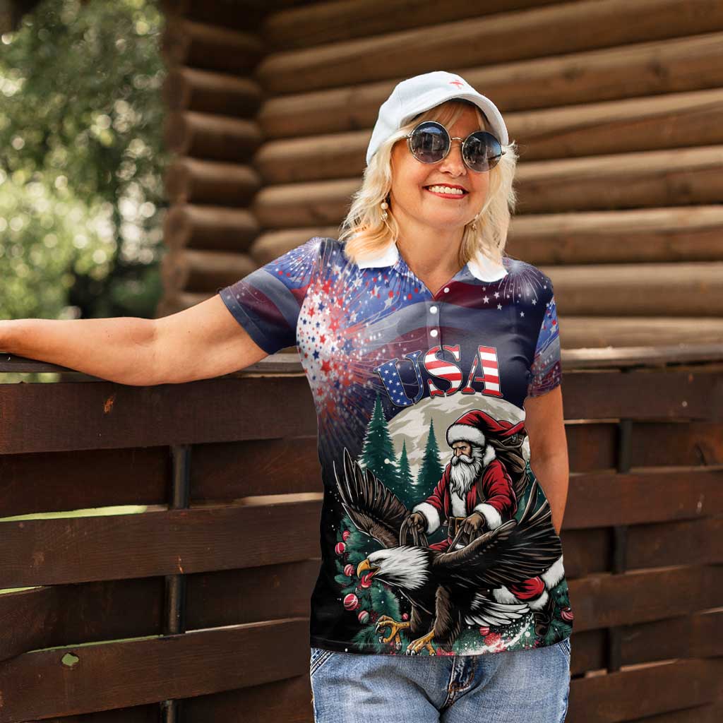 Personalized USA Christmas Women Polo Shirt Santa Claus With Eagle - Wonder Print Shop
