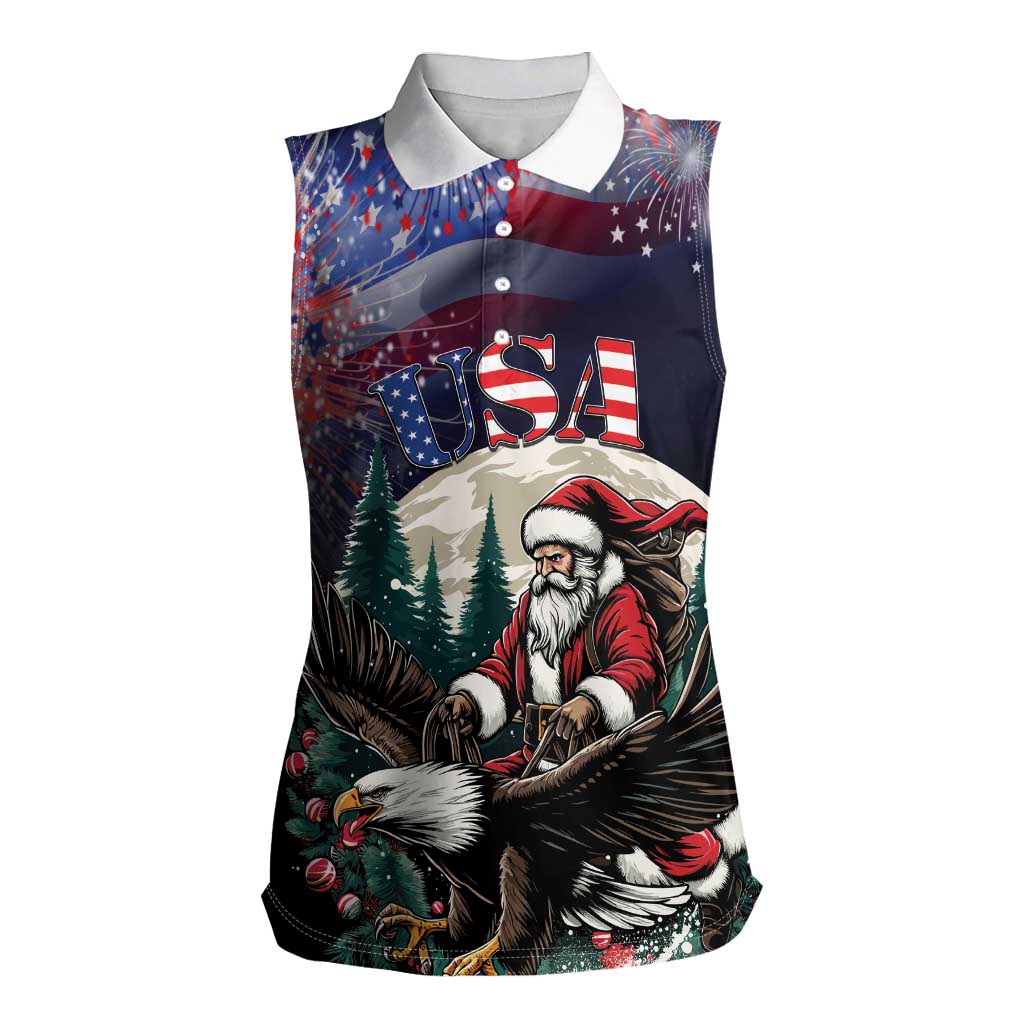 Personalized USA Christmas Women Sleeveless Polo Shirt Santa Claus With Eagle - Wonder Print Shop