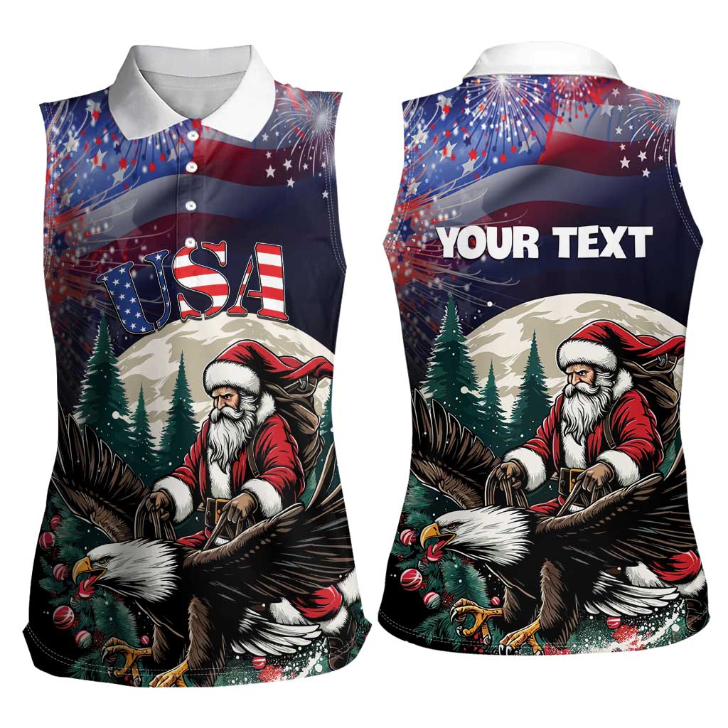Personalized USA Christmas Women Sleeveless Polo Shirt Santa Claus With Eagle - Wonder Print Shop
