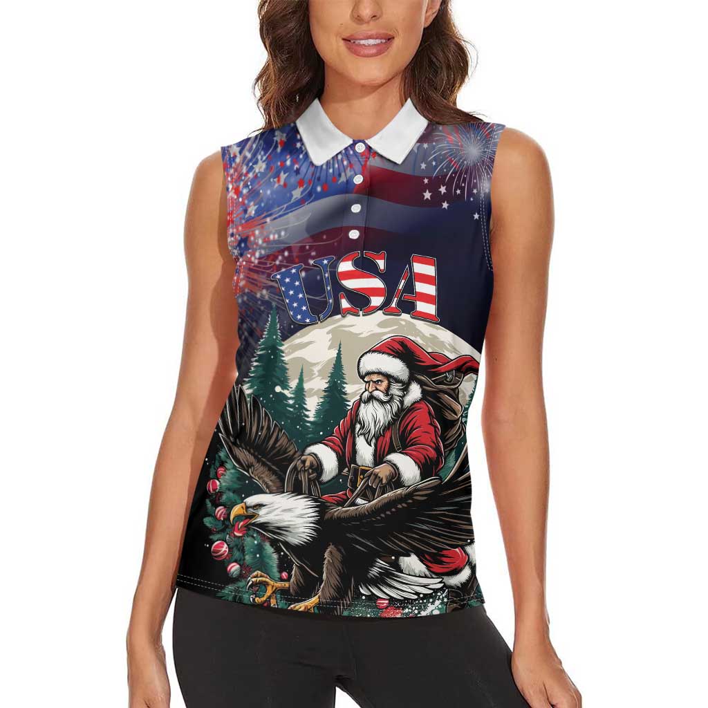 Personalized USA Christmas Women Sleeveless Polo Shirt Santa Claus With Eagle - Wonder Print Shop