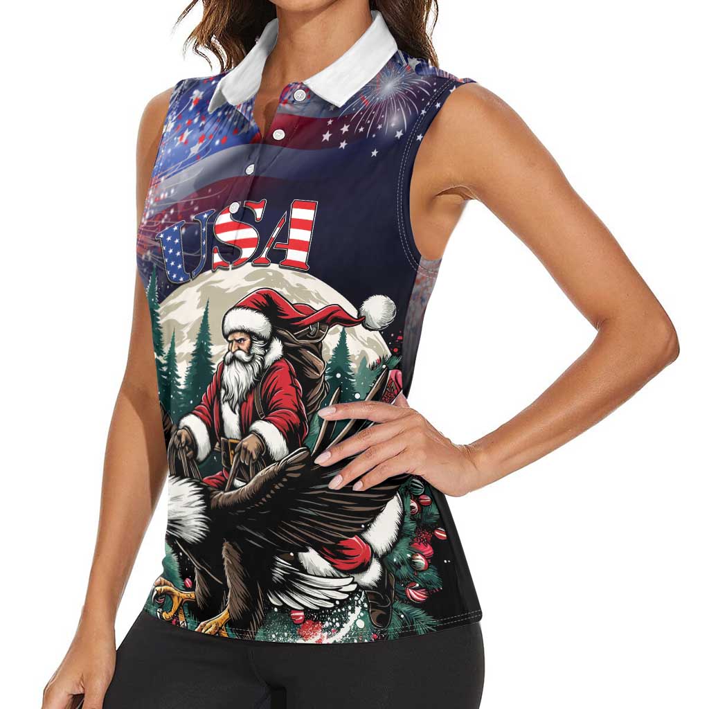 Personalized USA Christmas Women Sleeveless Polo Shirt Santa Claus With Eagle - Wonder Print Shop
