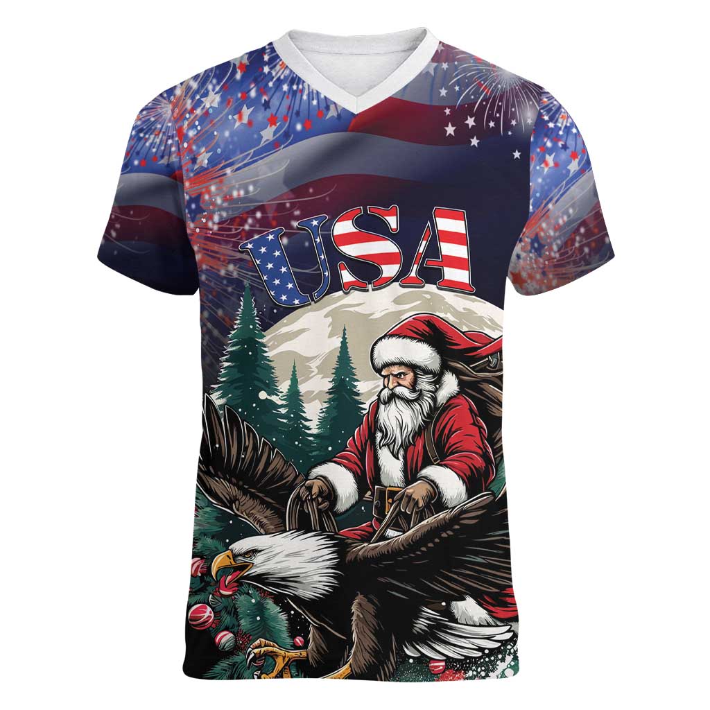 Personalized USA Christmas Women V-Neck T-Shirt Santa Claus With Eagle - Wonder Print Shop