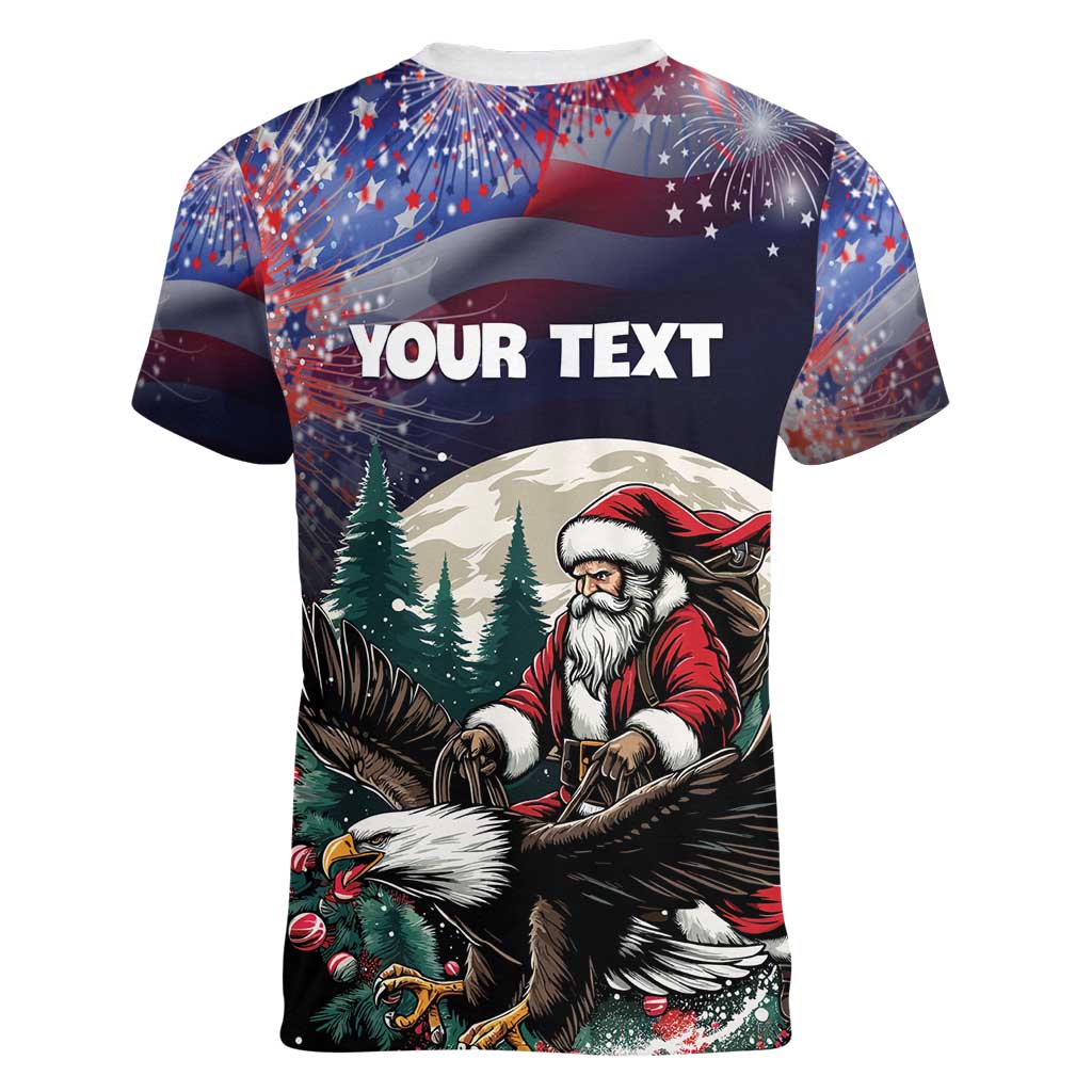 Personalized USA Christmas Women V-Neck T-Shirt Santa Claus With Eagle - Wonder Print Shop