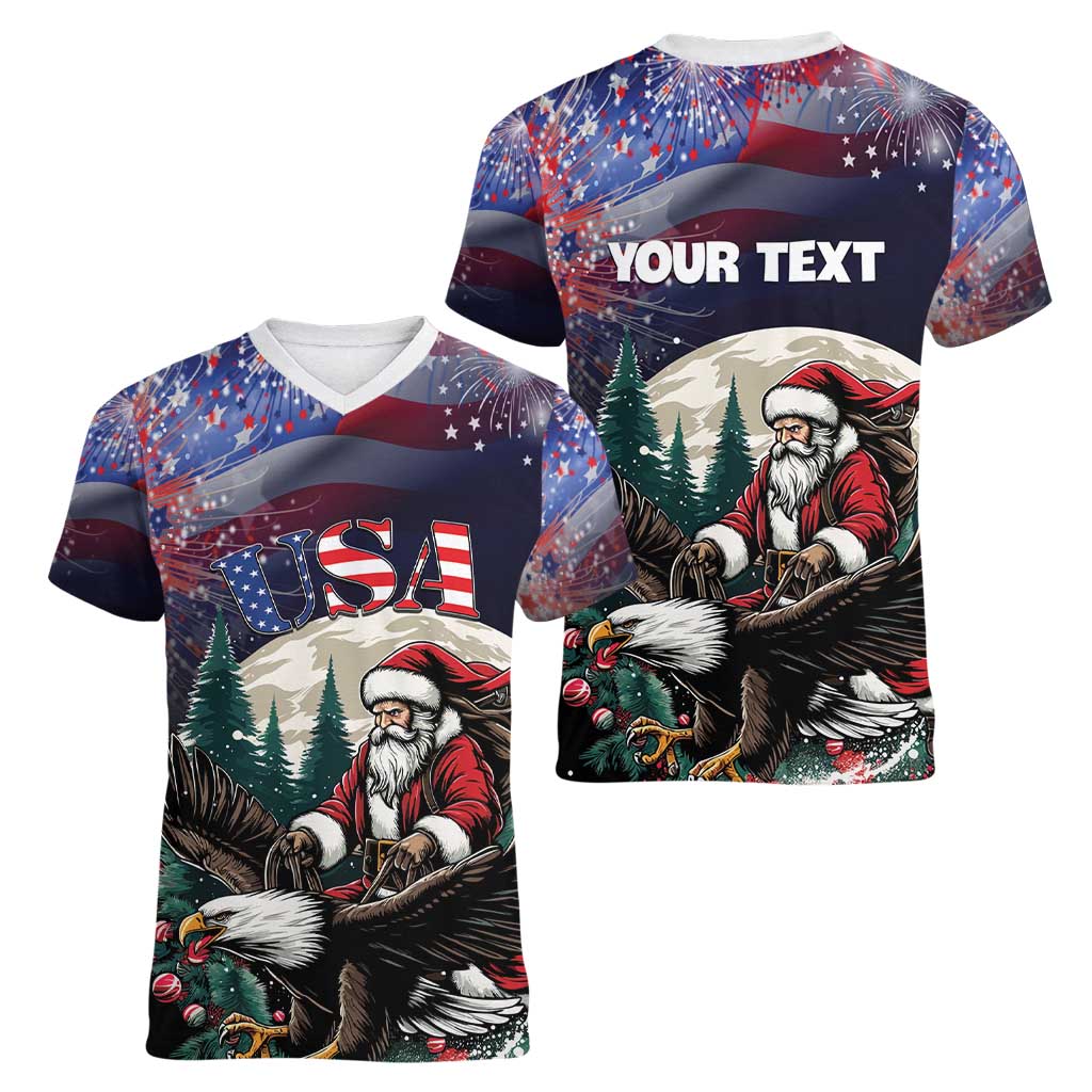 Personalized USA Christmas Women V-Neck T-Shirt Santa Claus With Eagle - Wonder Print Shop
