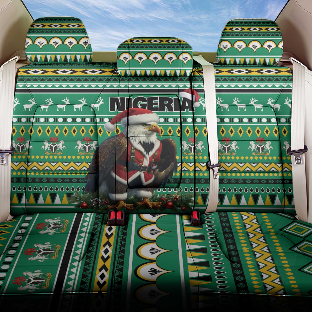 Nigeria Christmas Back Car Seat Cover Eagle Santa African Pattern - Wonder Print Shop