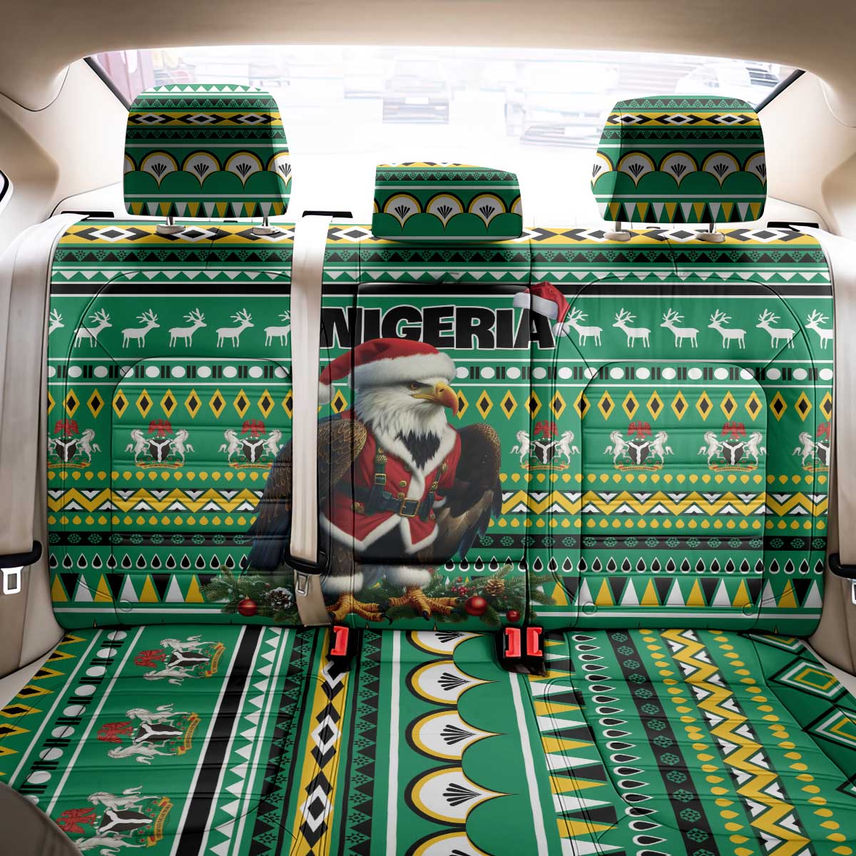 Nigeria Christmas Back Car Seat Cover Eagle Santa African Pattern - Wonder Print Shop
