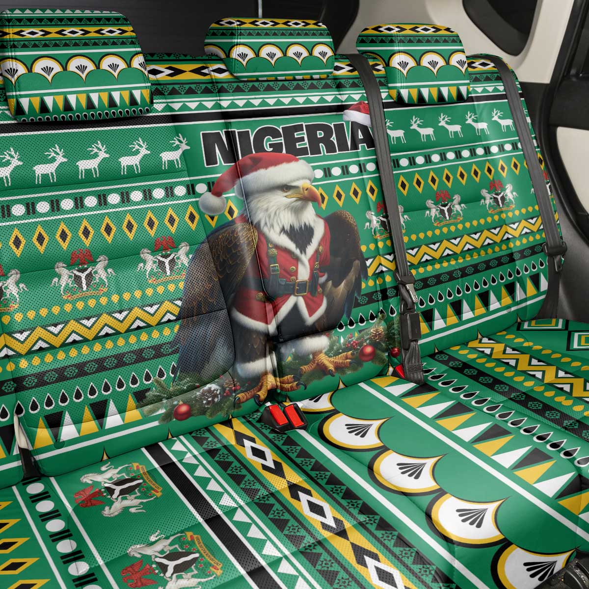 Nigeria Christmas Back Car Seat Cover Eagle Santa African Pattern - Wonder Print Shop