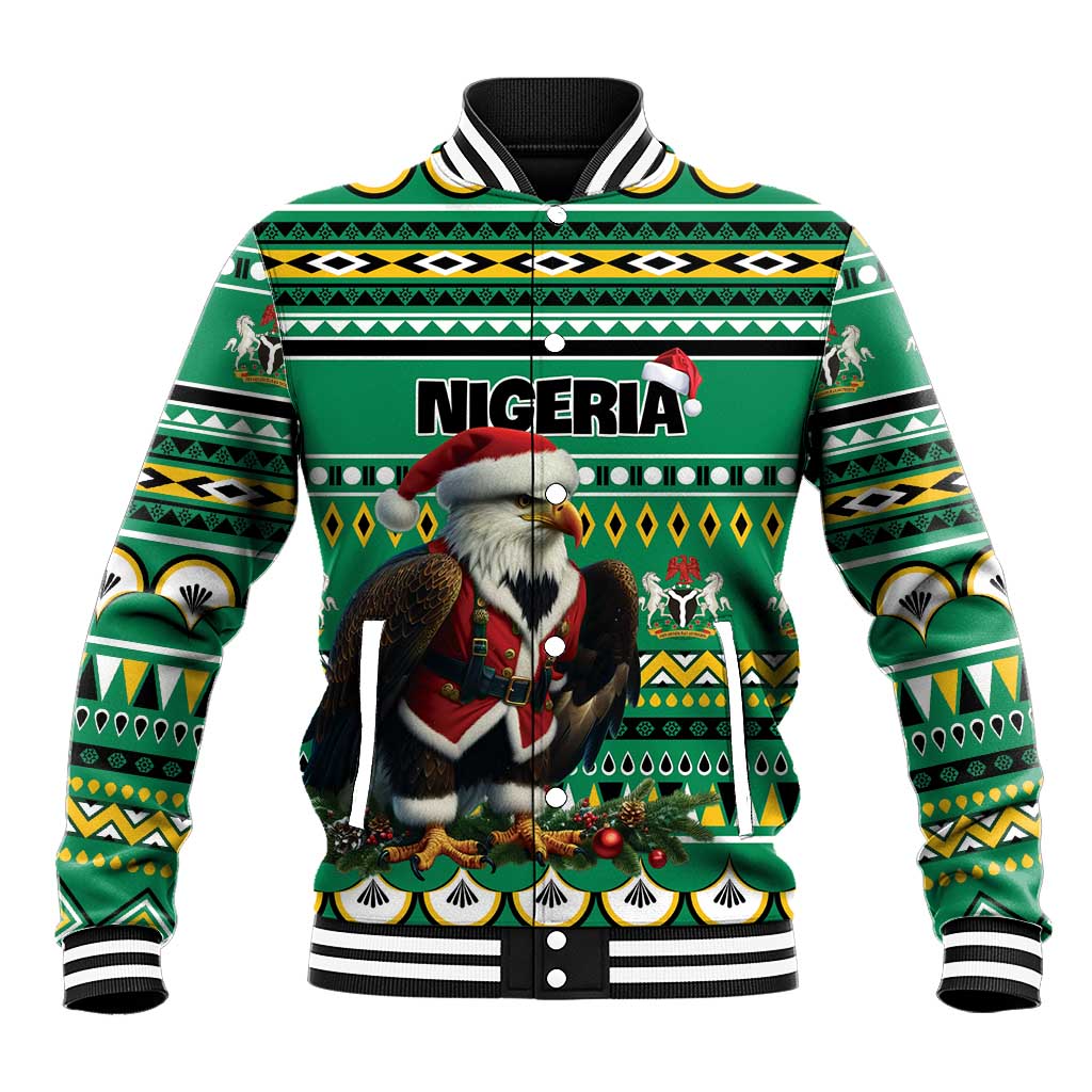 Nigeria Christmas Baseball Jacket Eagle Santa African Pattern - Wonder Print Shop