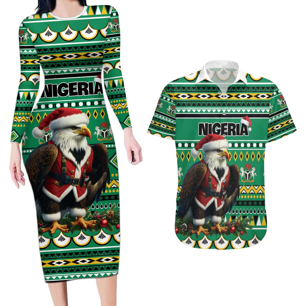 Nigeria Christmas Couples Matching Long Sleeve Bodycon Dress and Hawaiian Shirt Eagle Santa African Pattern - Wonder Print Shop