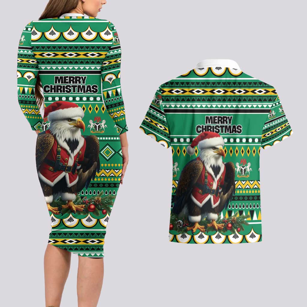 Nigeria Christmas Couples Matching Long Sleeve Bodycon Dress and Hawaiian Shirt Eagle Santa African Pattern - Wonder Print Shop