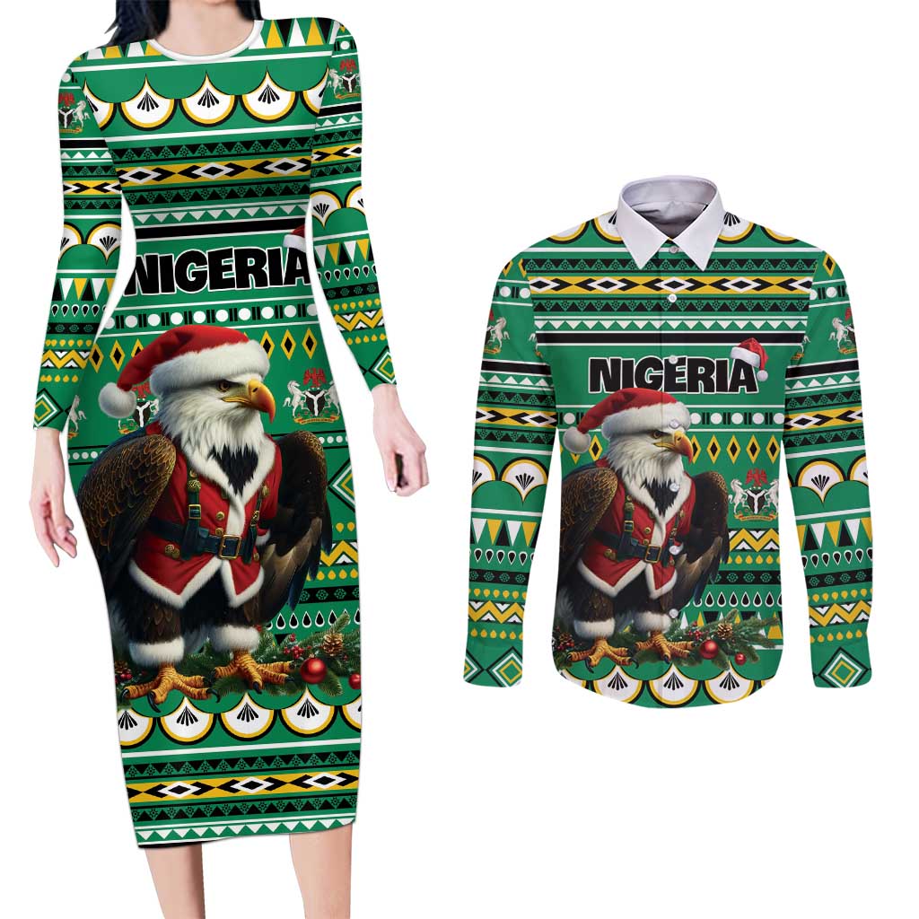Nigeria Christmas Couples Matching Long Sleeve Bodycon Dress and Long Sleeve Button Shirt Eagle Santa African Pattern - Wonder Print Shop
