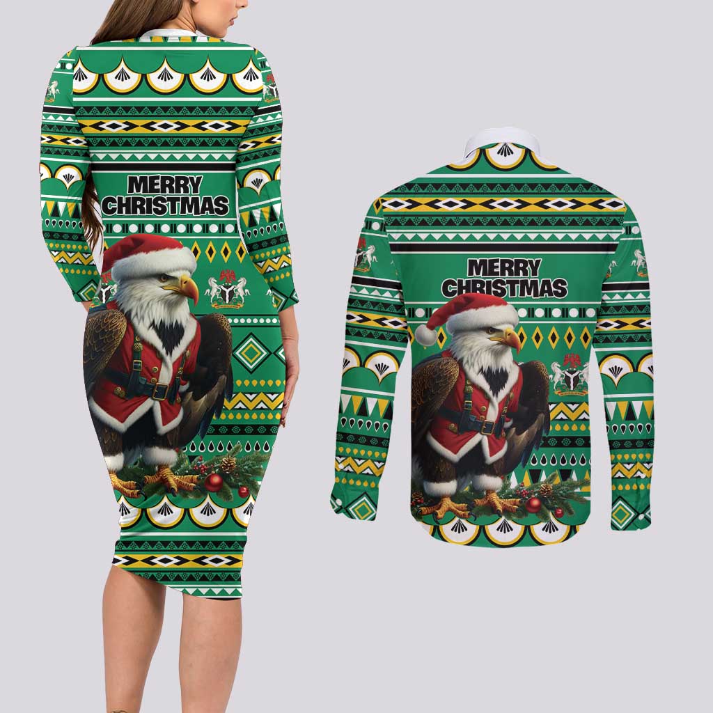 Nigeria Christmas Couples Matching Long Sleeve Bodycon Dress and Long Sleeve Button Shirt Eagle Santa African Pattern - Wonder Print Shop