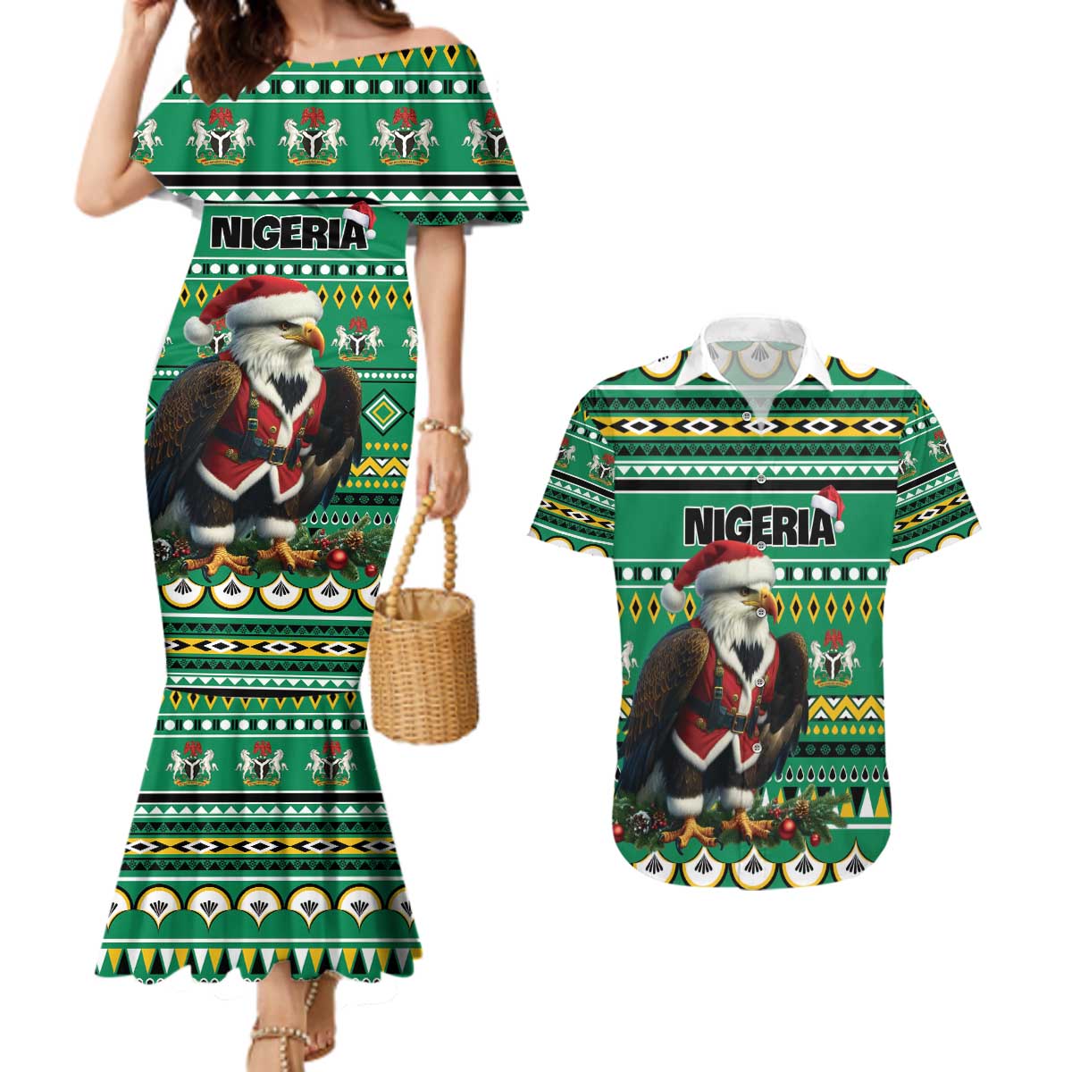 Nigeria Christmas Couples Matching Mermaid Dress and Hawaiian Shirt Eagle Santa African Pattern - Wonder Print Shop