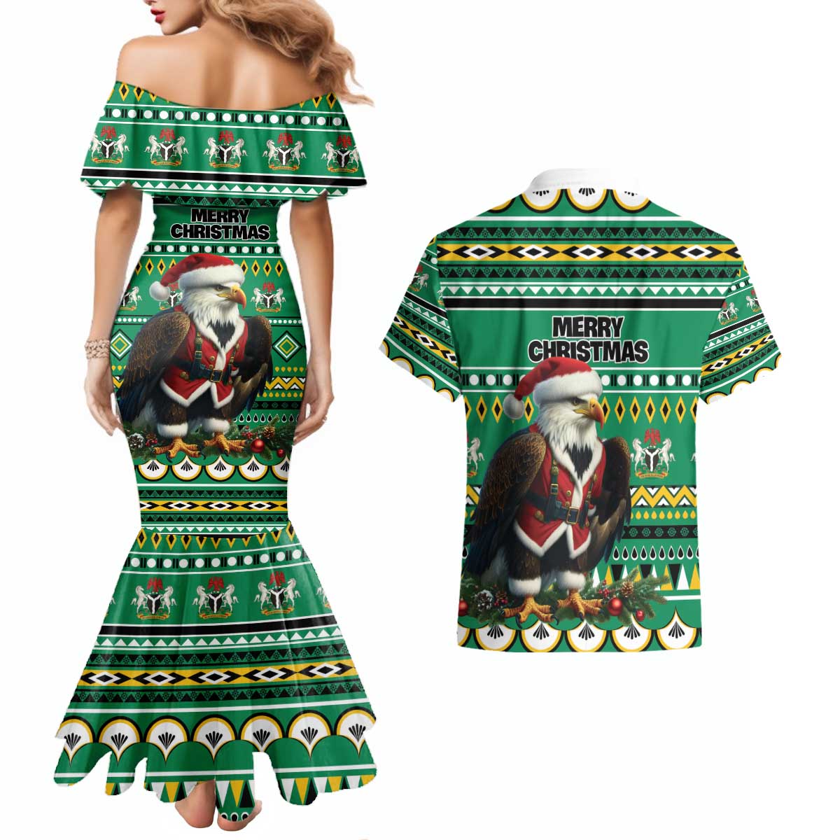 Nigeria Christmas Couples Matching Mermaid Dress and Hawaiian Shirt Eagle Santa African Pattern - Wonder Print Shop