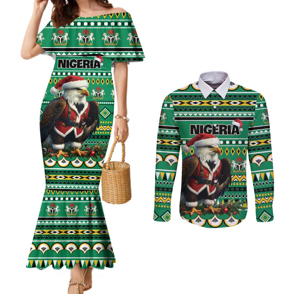 Nigeria Christmas Couples Matching Mermaid Dress and Long Sleeve Button Shirt Eagle Santa African Pattern