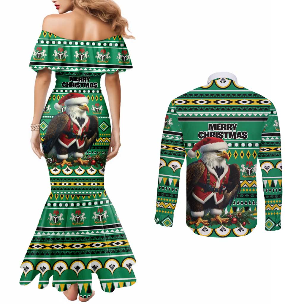 Nigeria Christmas Couples Matching Mermaid Dress and Long Sleeve Button Shirt Eagle Santa African Pattern