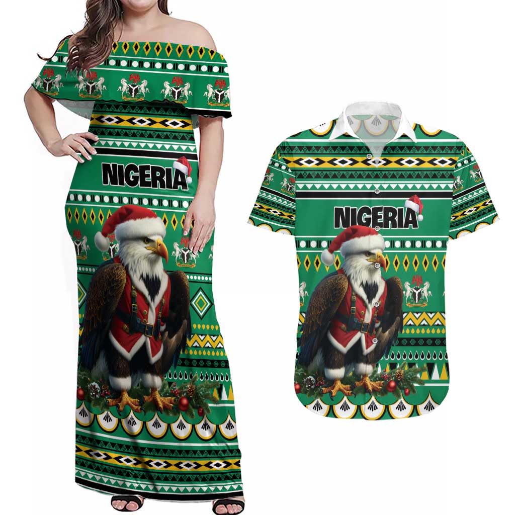 Nigeria Christmas Couples Matching Off Shoulder Maxi Dress and Hawaiian Shirt Eagle Santa African Pattern - Wonder Print Shop