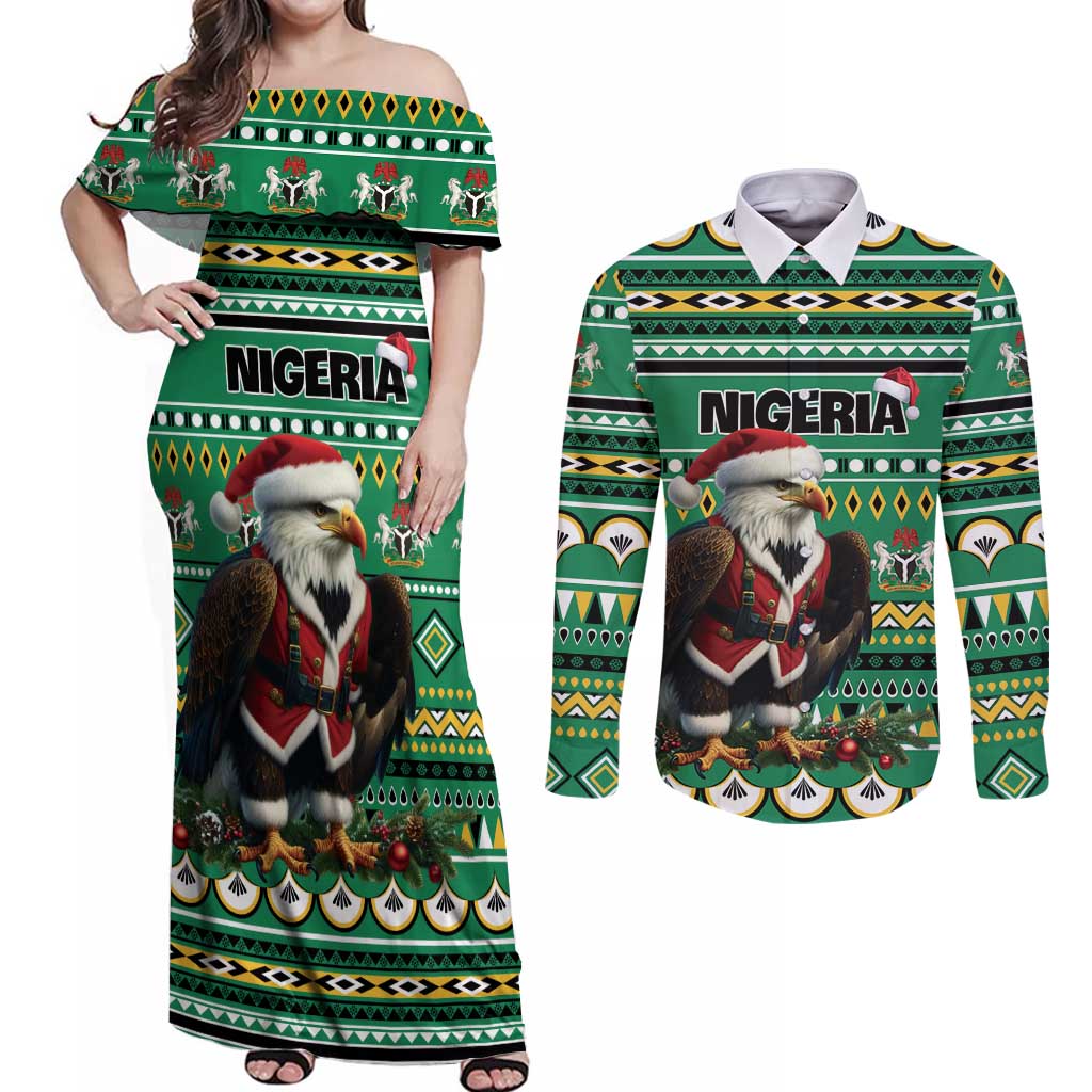 Nigeria Christmas Couples Matching Off Shoulder Maxi Dress and Long Sleeve Button Shirt Eagle Santa African Pattern - Wonder Print Shop