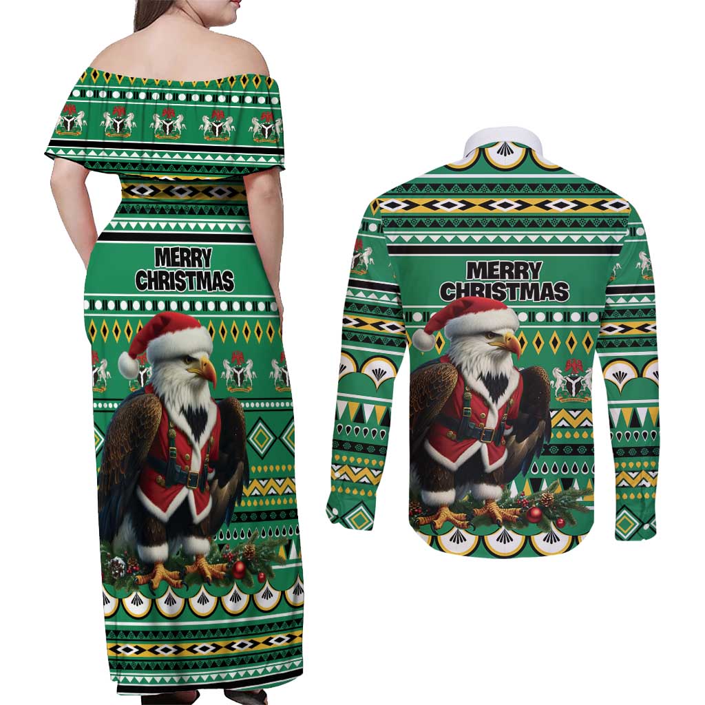 Nigeria Christmas Couples Matching Off Shoulder Maxi Dress and Long Sleeve Button Shirt Eagle Santa African Pattern - Wonder Print Shop