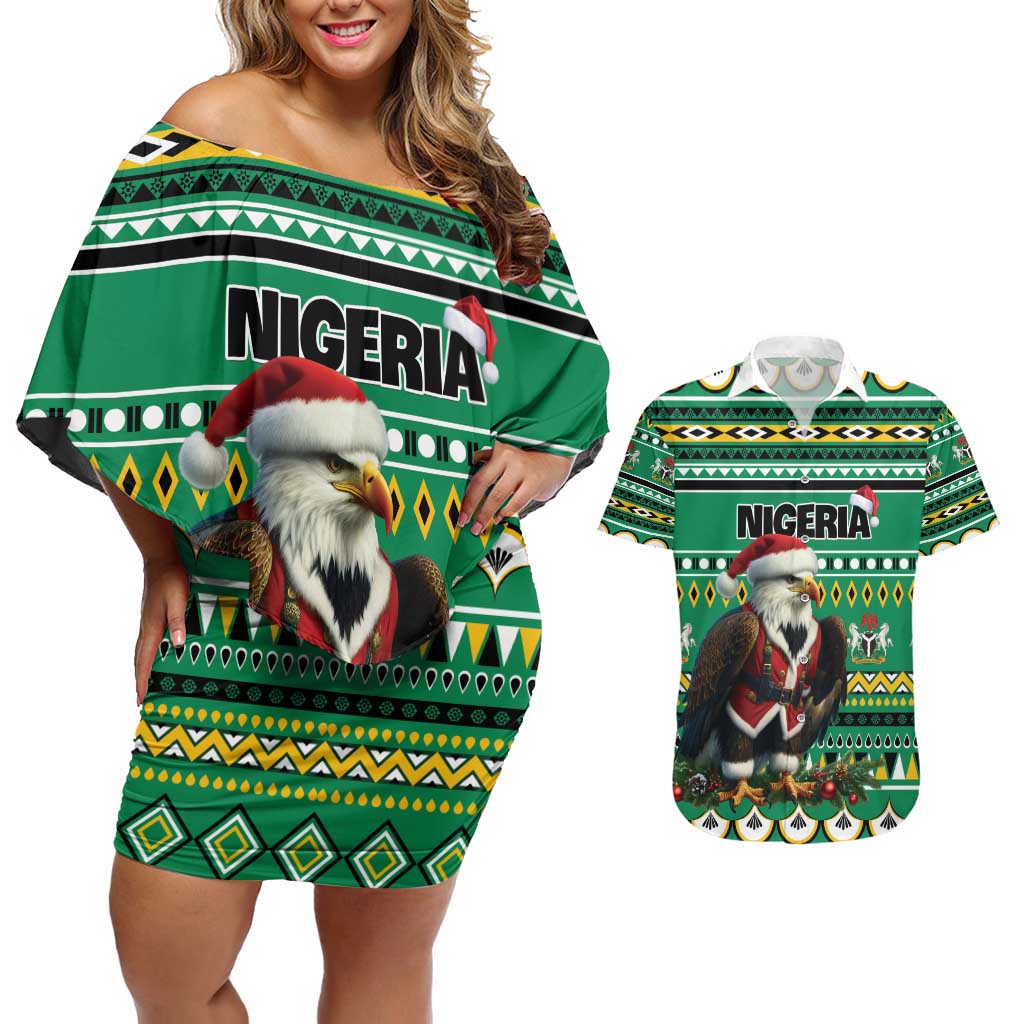Nigeria Christmas Couples Matching Off Shoulder Short Dress and Hawaiian Shirt Eagle Santa African Pattern - Wonder Print Shop