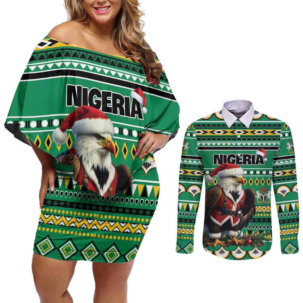 Nigeria Christmas Couples Matching Off Shoulder Short Dress and Long Sleeve Button Shirt Eagle Santa African Pattern - Wonder Print Shop